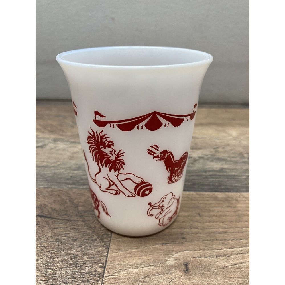 Vintage Hazel Atlas Circus Animals Juice Glass, White‎ Red Milk Glass